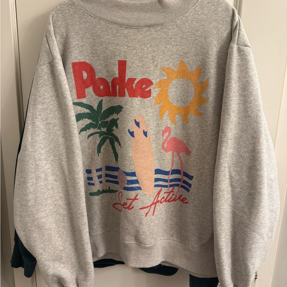 Parke Gray Sweatshirt with Red Logo and Yellow Sun Graphic